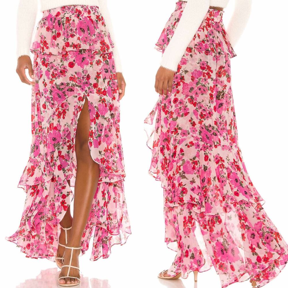 MISA Lucia Pink Poppy Floral Tiered Ruffle Maxi Skirt  $273 Size M Medium